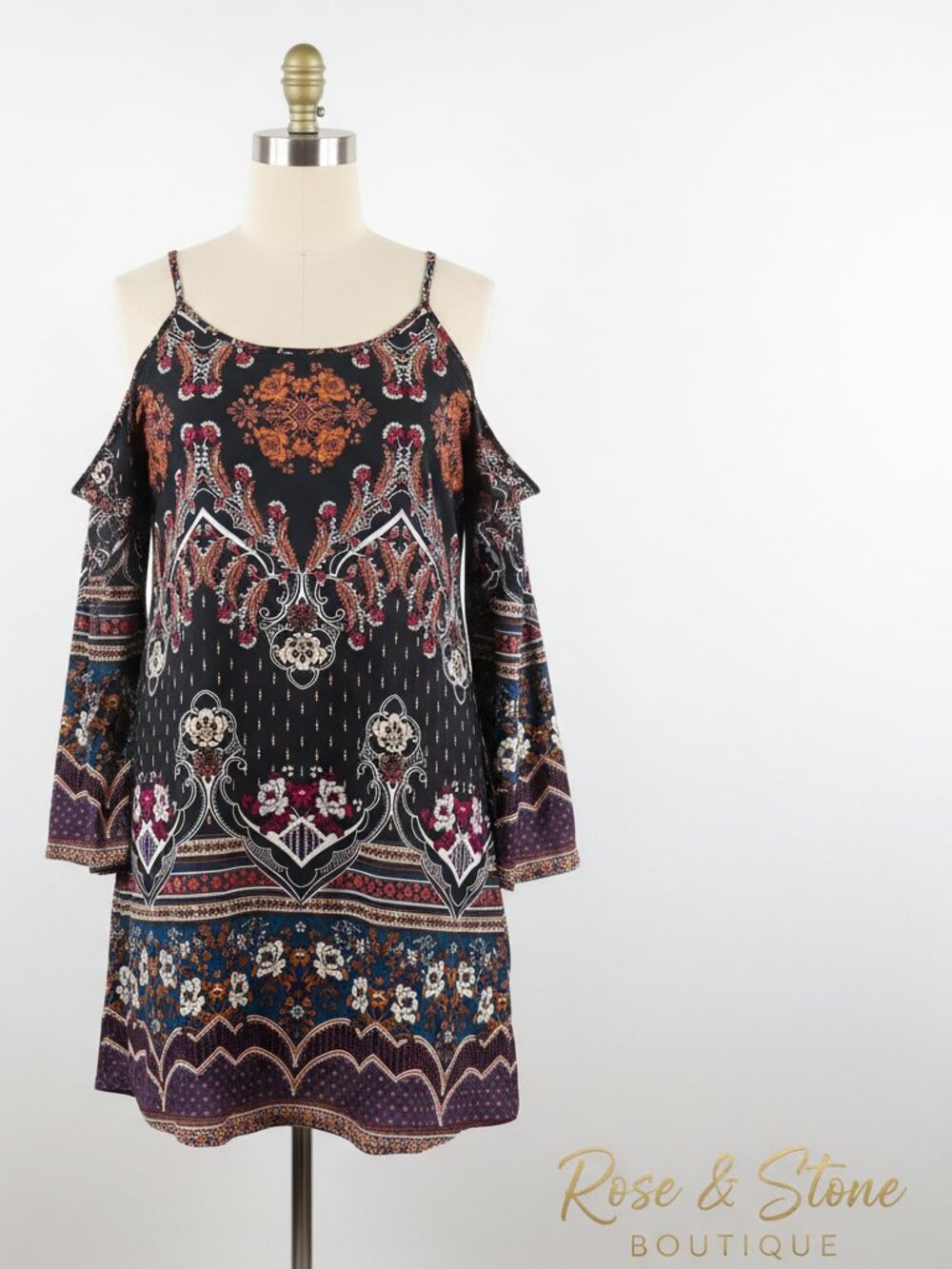 Venus Black Multicolor Paisley Cold-Shoulder Flutter Sleeve Dress L